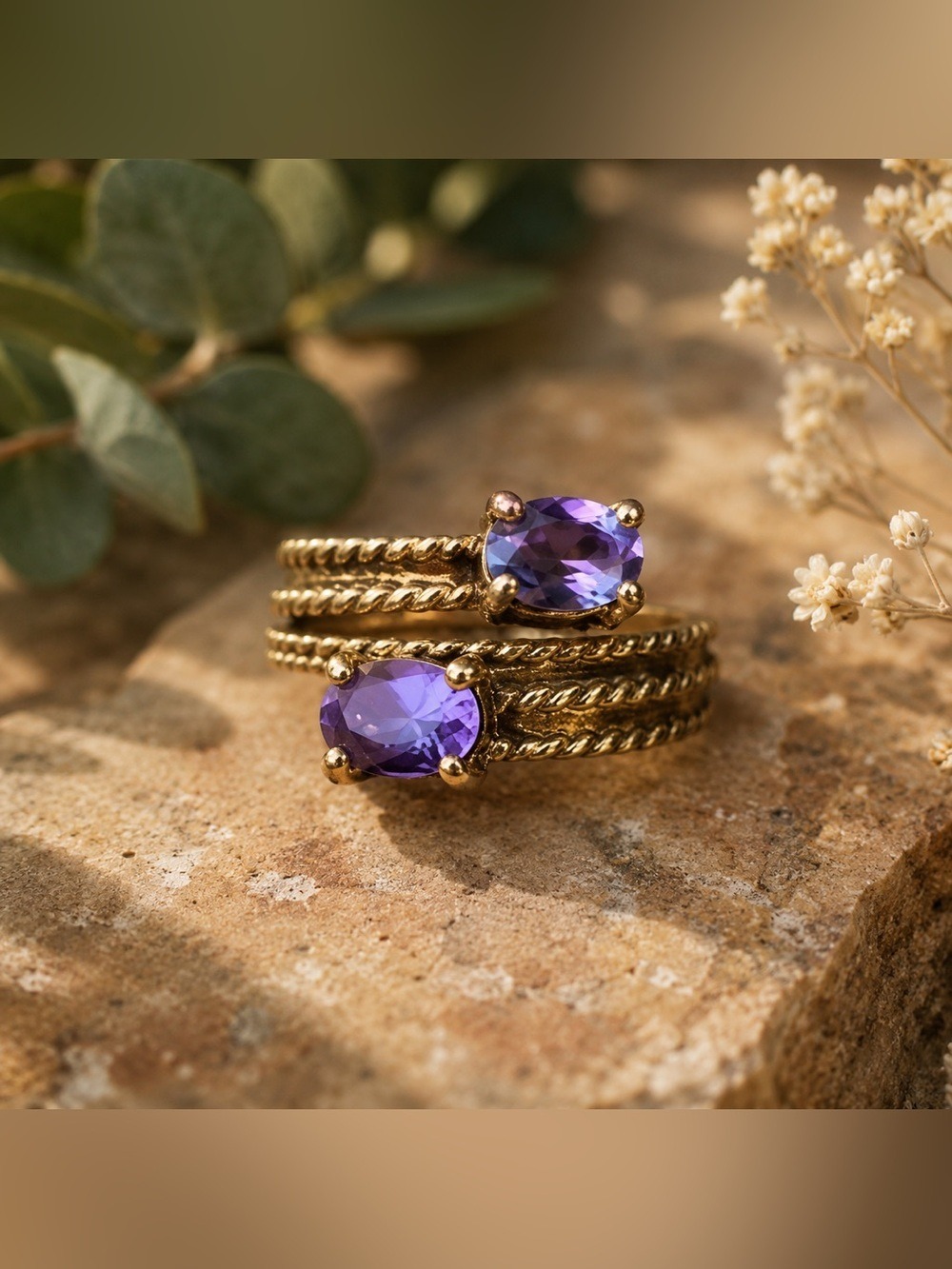 Genuine Amethyst 925 Sterling Silver Gold-Plated Designer Ring • UTC • Size 8